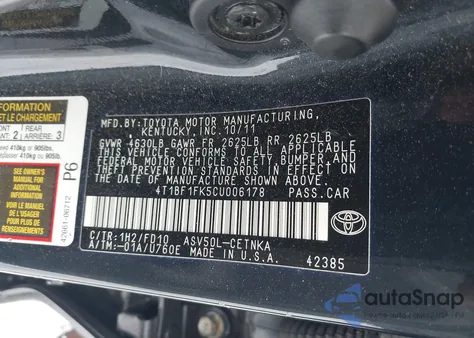 2012 Toyota Camry Le из США, поврежденный, VIN 4T1BF1FK5CU006178